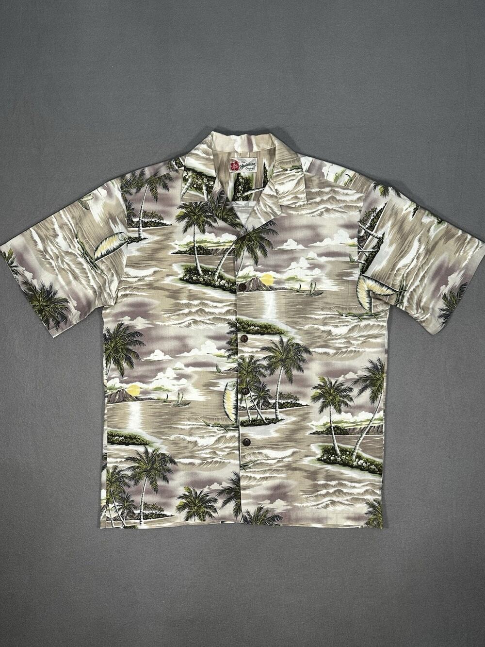 Hilo Hattie Hawaiian Shirt Cream Tan Surfboard Palm Tree Cotton Aloha Mens XL